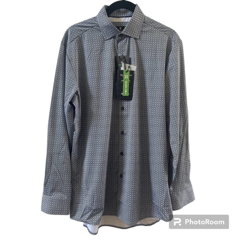 TOM BAINE Men's Slim Fit Performance Long Sleeve Button Front Dress Shirt Navy